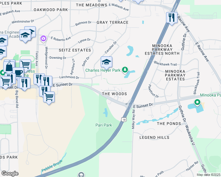 map of restaurants, bars, coffee shops, grocery stores, and more near 1319 Camden Way in Waukesha