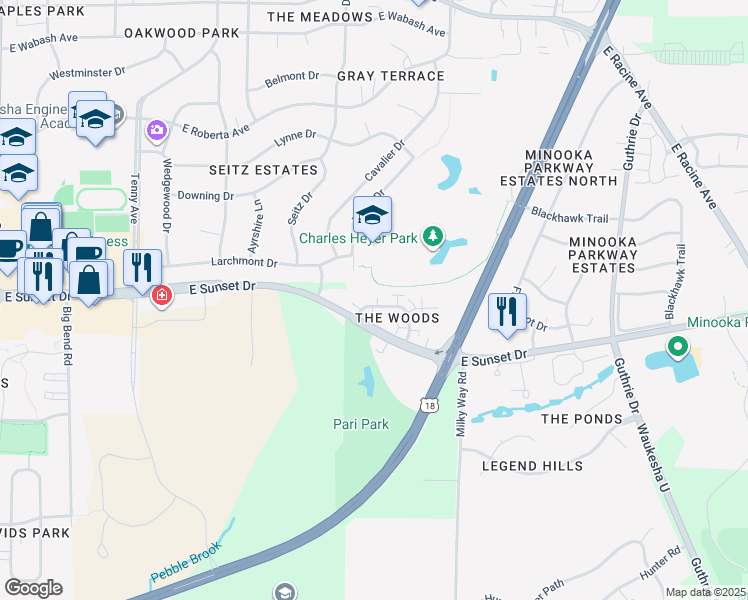 map of restaurants, bars, coffee shops, grocery stores, and more near 1319 Camden Way in Waukesha