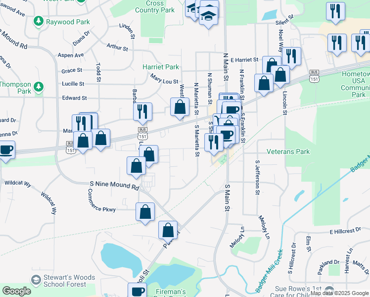 map of restaurants, bars, coffee shops, grocery stores, and more near 206 South Marietta Street in Verona