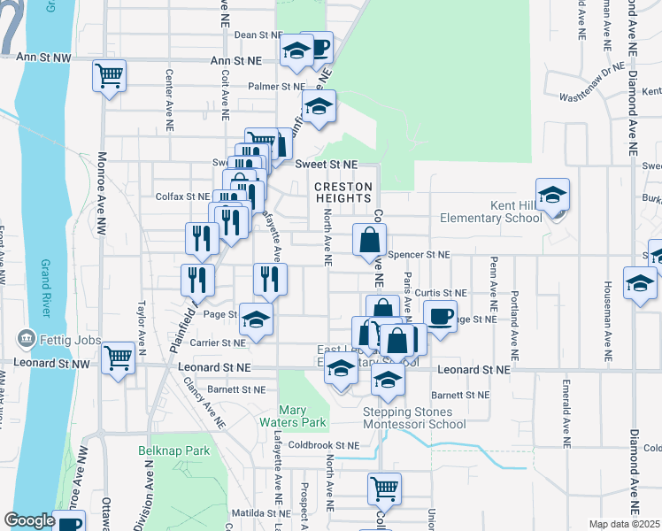 map of restaurants, bars, coffee shops, grocery stores, and more near 1360 North Avenue Northeast in Grand Rapids