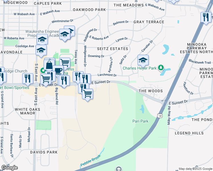 map of restaurants, bars, coffee shops, grocery stores, and more near S31W23465 East Sunset Drive in Waukesha