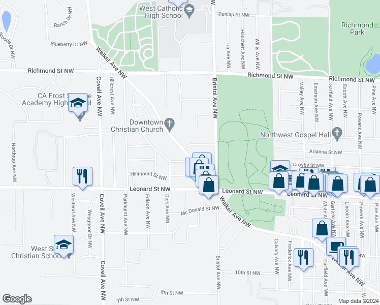 map of restaurants, bars, coffee shops, grocery stores, and more near 1665 Walker Avenue Northwest in Grand Rapids