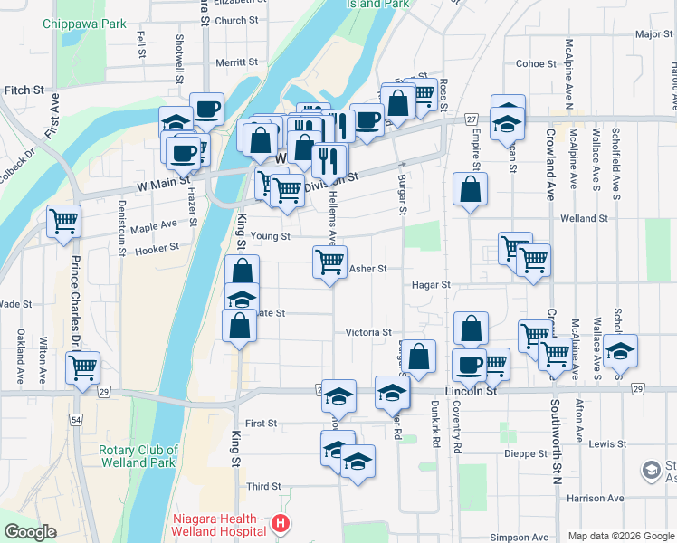 map of restaurants, bars, coffee shops, grocery stores, and more near 190 Hellems Avenue in Welland