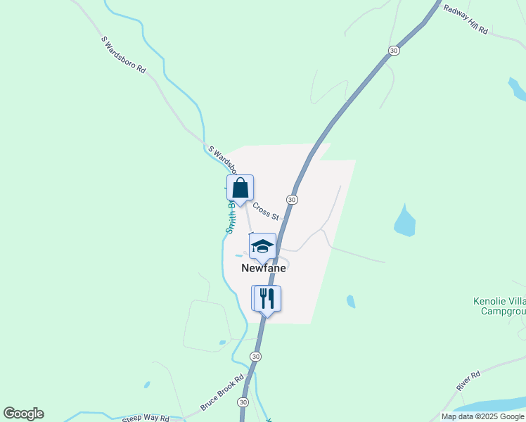 map of restaurants, bars, coffee shops, grocery stores, and more near Cross Street in Newfane