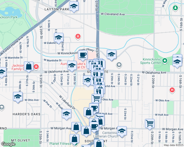 map of restaurants, bars, coffee shops, grocery stores, and more near 1600 West Oklahoma Avenue in Milwaukee