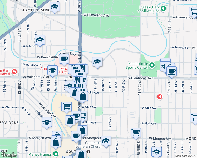 map of restaurants, bars, coffee shops, grocery stores, and more near 2421 West Oklahoma Avenue in Milwaukee