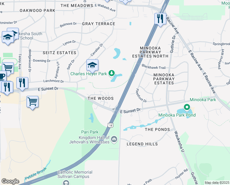 map of restaurants, bars, coffee shops, grocery stores, and more near 1516 Camden Court in Waukesha