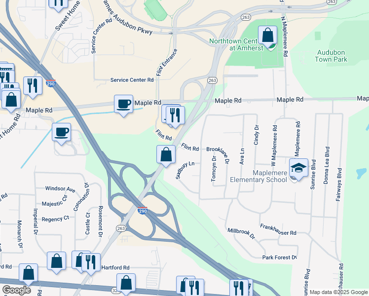 map of restaurants, bars, coffee shops, grocery stores, and more near 1349 Millersport Highway in Buffalo