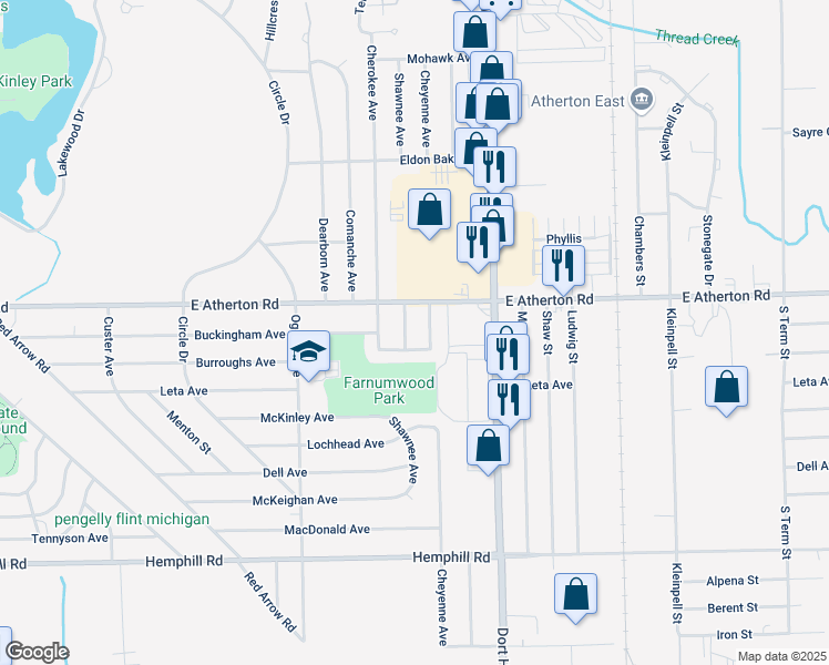 map of restaurants, bars, coffee shops, grocery stores, and more near 3813 Shawnee Avenue in Flint