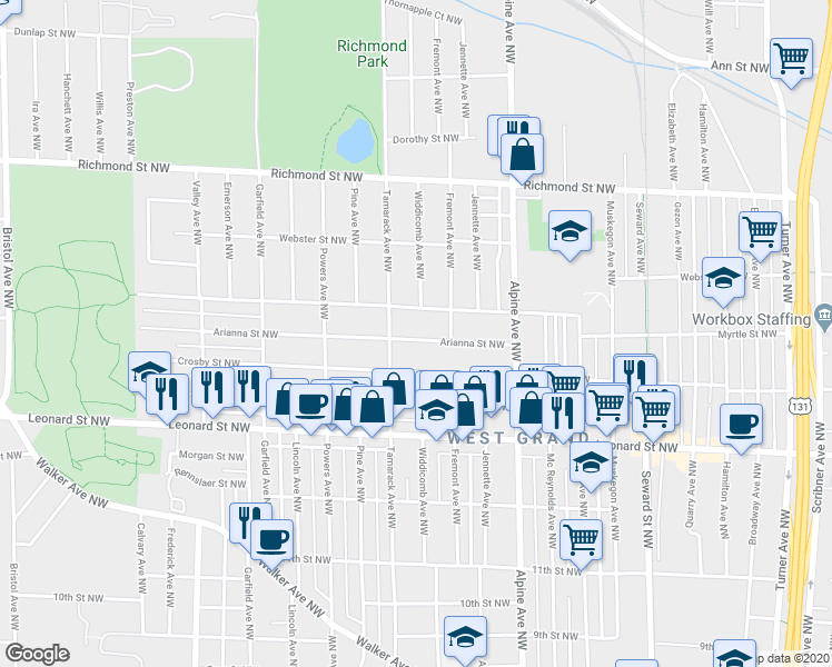 map of restaurants, bars, coffee shops, grocery stores, and more near 935 Arianna Street Northwest in Grand Rapids