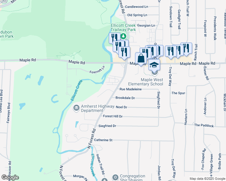 map of restaurants, bars, coffee shops, grocery stores, and more near 9 Hidden Creek Court in Buffalo