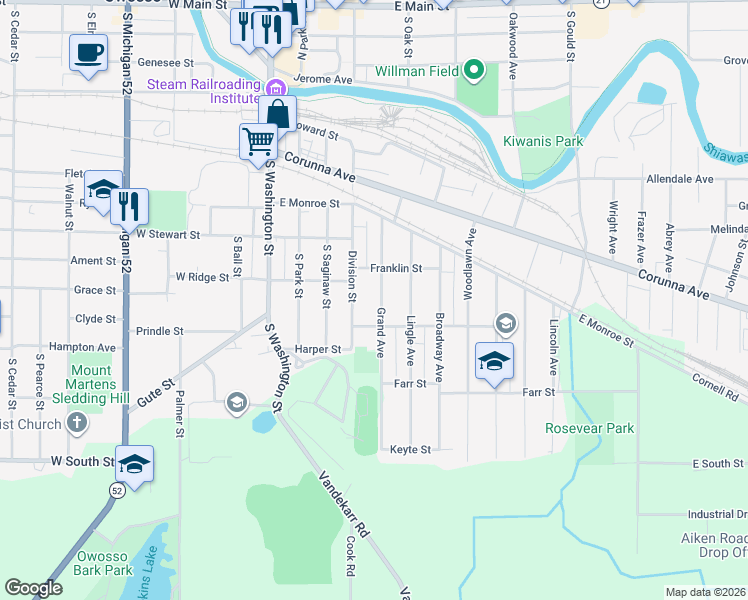 map of restaurants, bars, coffee shops, grocery stores, and more near 720 Grand Avenue in Owosso