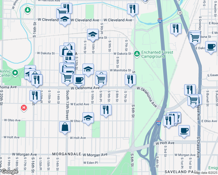 map of restaurants, bars, coffee shops, grocery stores, and more near W Oklahoma Ave & S 9th St in Milwaukee