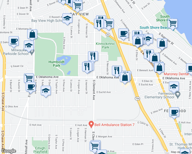 map of restaurants, bars, coffee shops, grocery stores, and more near 1208 East Oklahoma Avenue in Milwaukee