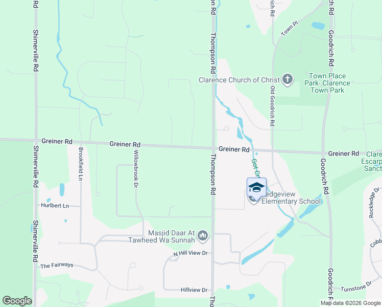 map of restaurants, bars, coffee shops, grocery stores, and more near 9155 Greiner Road in Clarence