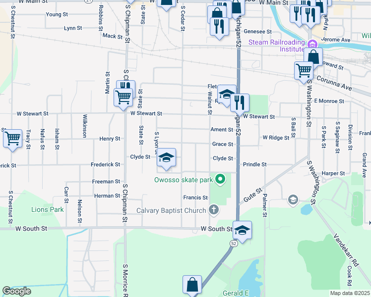 map of restaurants, bars, coffee shops, grocery stores, and more near 1005 South Cedar Street in Owosso