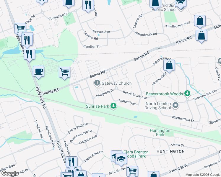 map of restaurants, bars, coffee shops, grocery stores, and more near 890 Bluegrass Drive in London