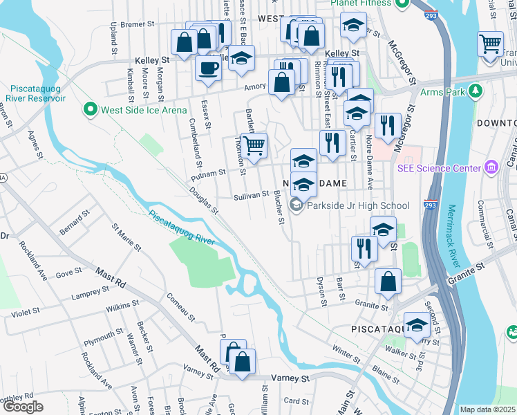 map of restaurants, bars, coffee shops, grocery stores, and more near 230 Bartlett Street in Manchester