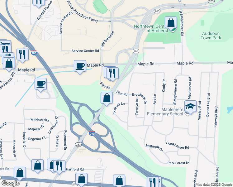 map of restaurants, bars, coffee shops, grocery stores, and more near 115 Flint Road in Buffalo