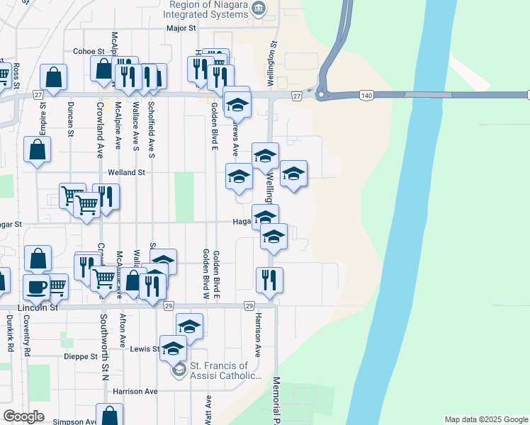 map of restaurants, bars, coffee shops, grocery stores, and more near in Welland