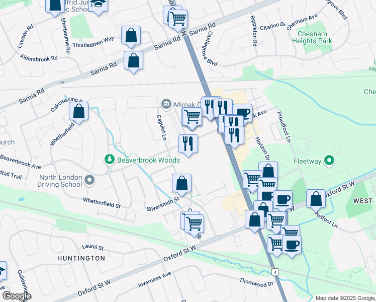 map of restaurants, bars, coffee shops, grocery stores, and more near 1420 Beaverbrook Avenue in London