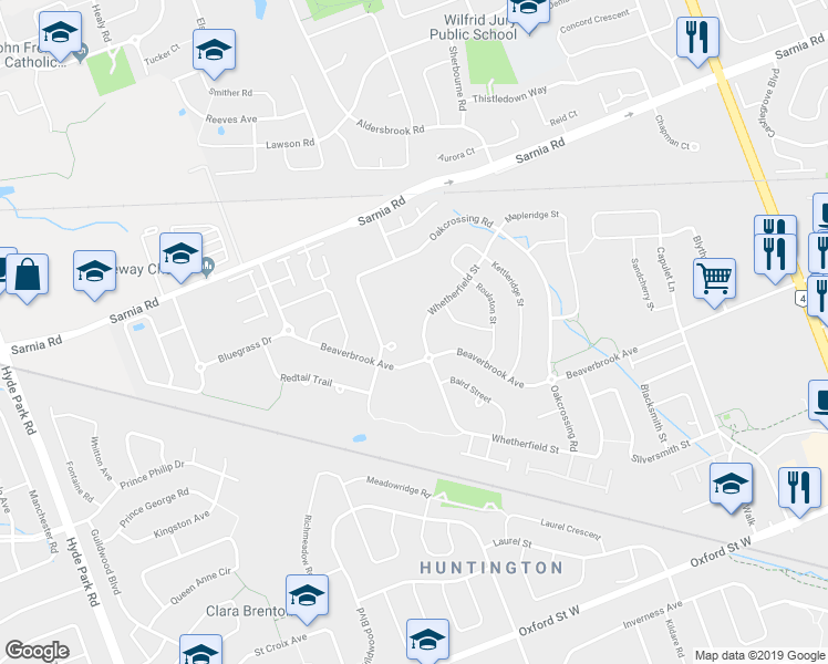 map of restaurants, bars, coffee shops, grocery stores, and more near 1303 Whetherfield Street in London