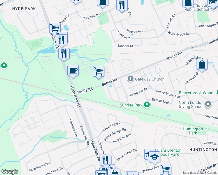 map of restaurants, bars, coffee shops, grocery stores, and more near 1811 Cherrywood Trail in London