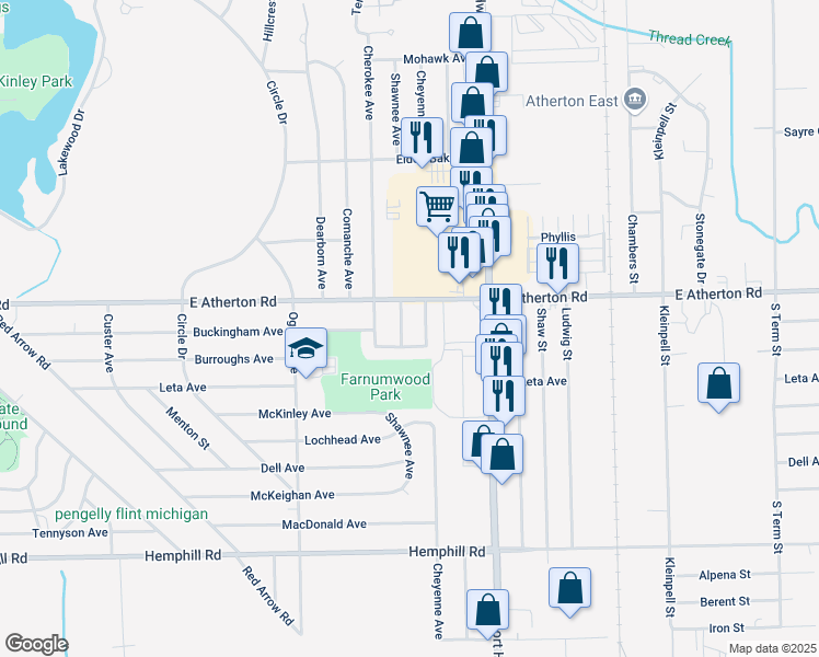 map of restaurants, bars, coffee shops, grocery stores, and more near 3813 Shawnee Avenue in Flint