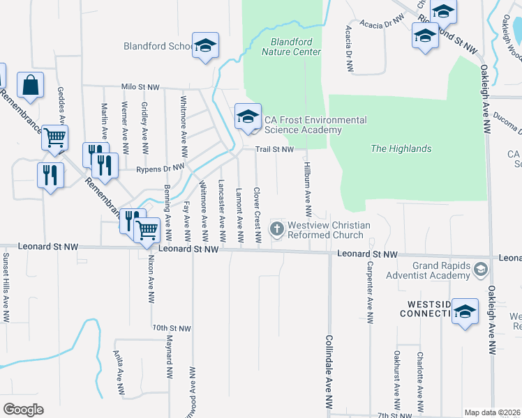 map of restaurants, bars, coffee shops, grocery stores, and more near 1309 Clovercrest Avenue Northwest in Grand Rapids