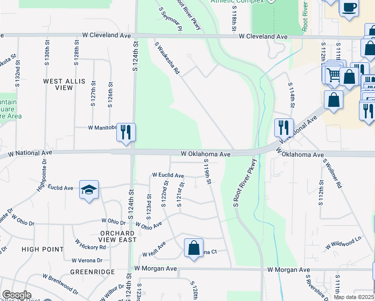 map of restaurants, bars, coffee shops, grocery stores, and more near 120 West Lakefield Drive in West Allis