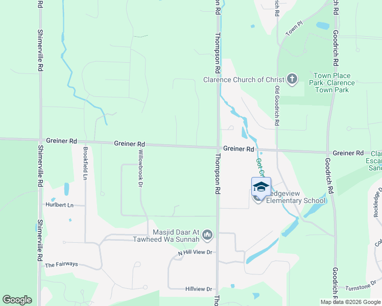 map of restaurants, bars, coffee shops, grocery stores, and more near 9155 Greiner Road in Clarence