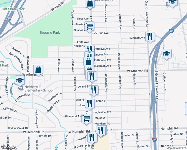 map of restaurants, bars, coffee shops, grocery stores, and more near 3809 Fenton Road in Flint