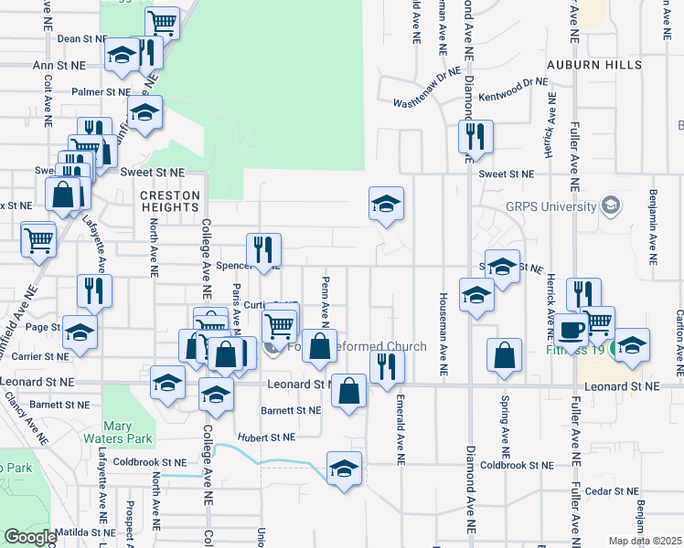 map of restaurants, bars, coffee shops, grocery stores, and more near 1371 Portland Avenue Northeast in Grand Rapids