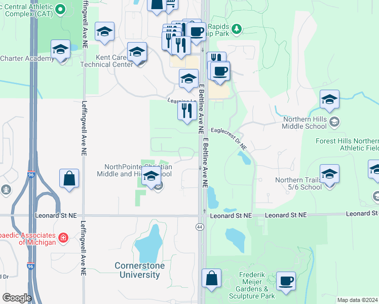 map of restaurants, bars, coffee shops, grocery stores, and more near 3153 Windcrest Drive Northeast in Grand Rapids