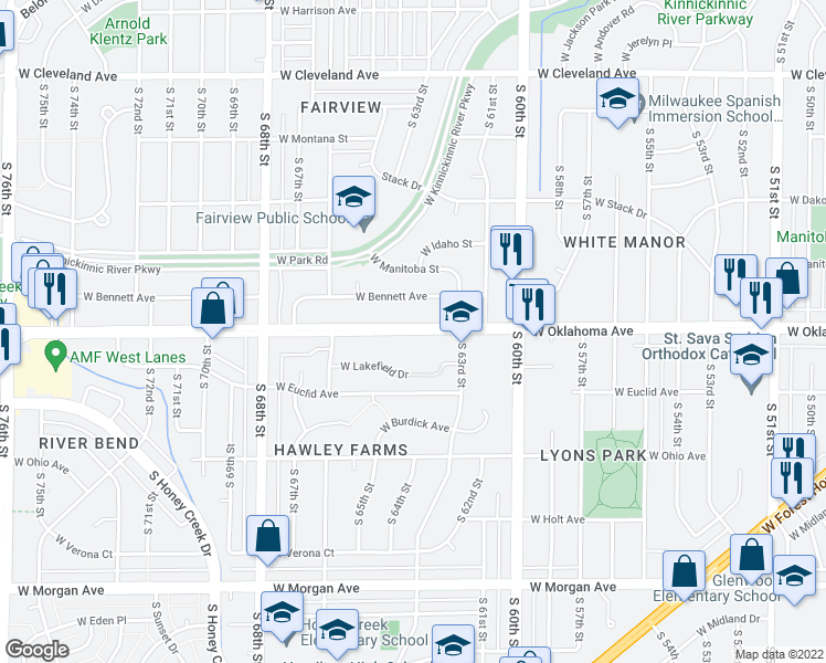 map of restaurants, bars, coffee shops, grocery stores, and more near West Oklahoma Avenue in Milwaukee