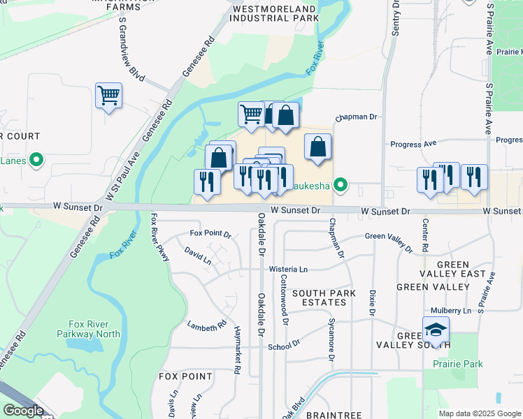 map of restaurants, bars, coffee shops, grocery stores, and more near Oakdale Dr & W Sunset Dr in Waukesha