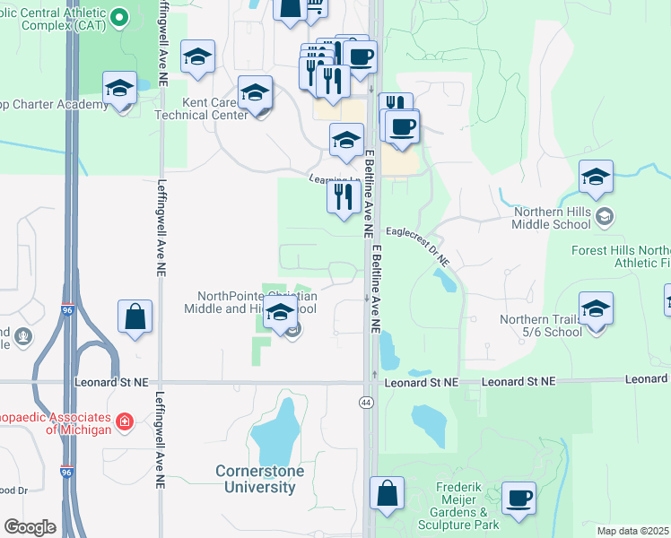map of restaurants, bars, coffee shops, grocery stores, and more near 3145 Windcrest Drive Northeast in Grand Rapids