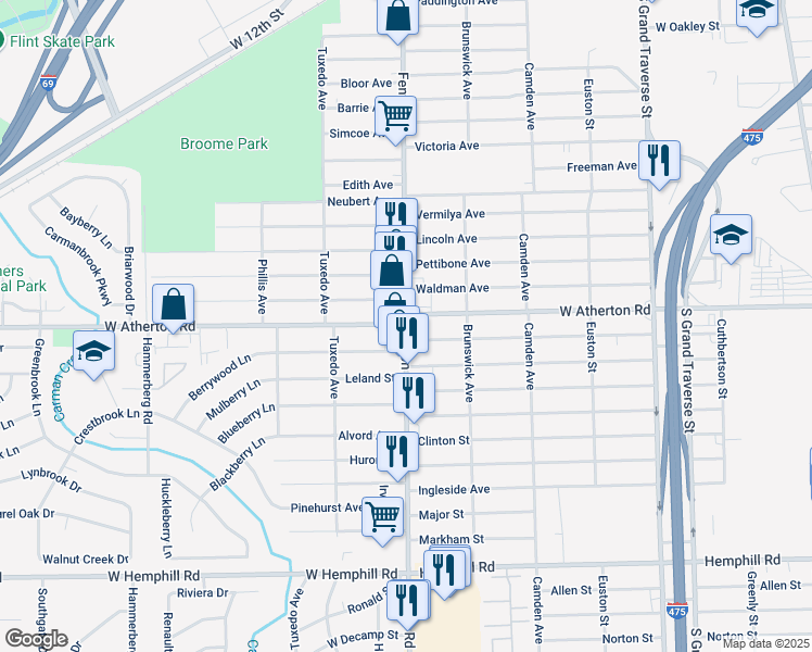 map of restaurants, bars, coffee shops, grocery stores, and more near Fenton Rd & W Atherton Rd in Flint