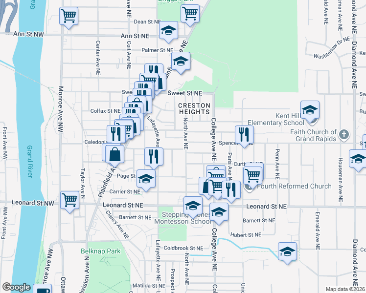 map of restaurants, bars, coffee shops, grocery stores, and more near 357 Spencer Street Northeast in Grand Rapids