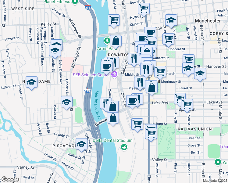 map of restaurants, bars, coffee shops, grocery stores, and more near 23 Mulsey Street in Manchester