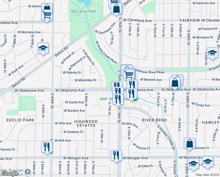 map of restaurants, bars, coffee shops, grocery stores, and more near W Oklahoma Ave & S 77th St in Milwaukee