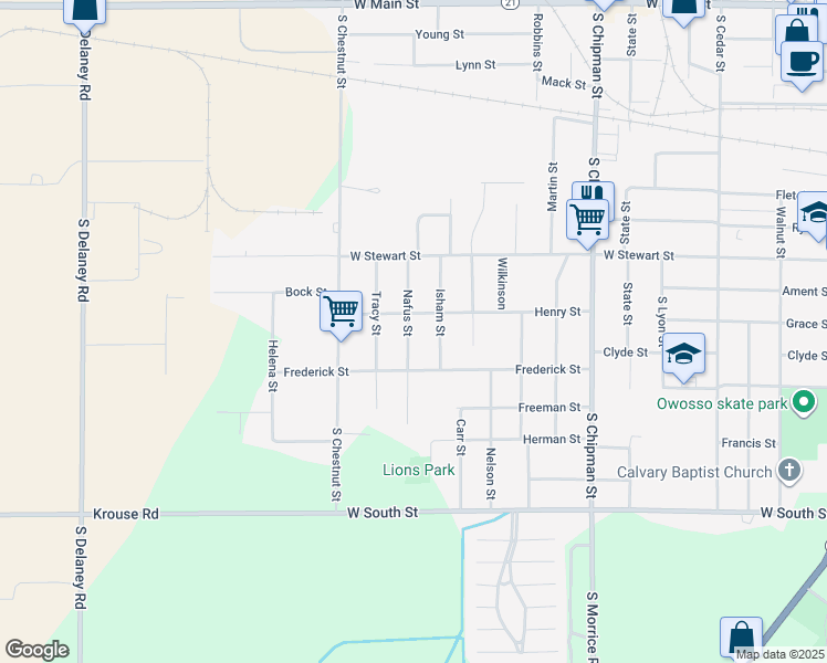 map of restaurants, bars, coffee shops, grocery stores, and more near 909 Nafus Street in Owosso