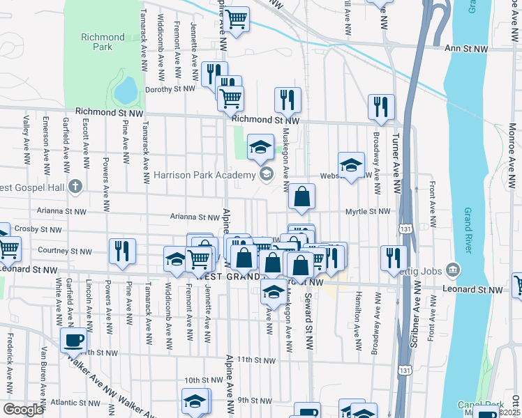 map of restaurants, bars, coffee shops, grocery stores, and more near 1347 Davis Avenue Northwest in Grand Rapids