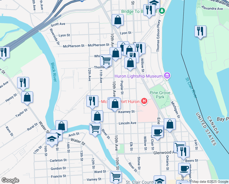 map of restaurants, bars, coffee shops, grocery stores, and more near 1337 10th Avenue in Port Huron