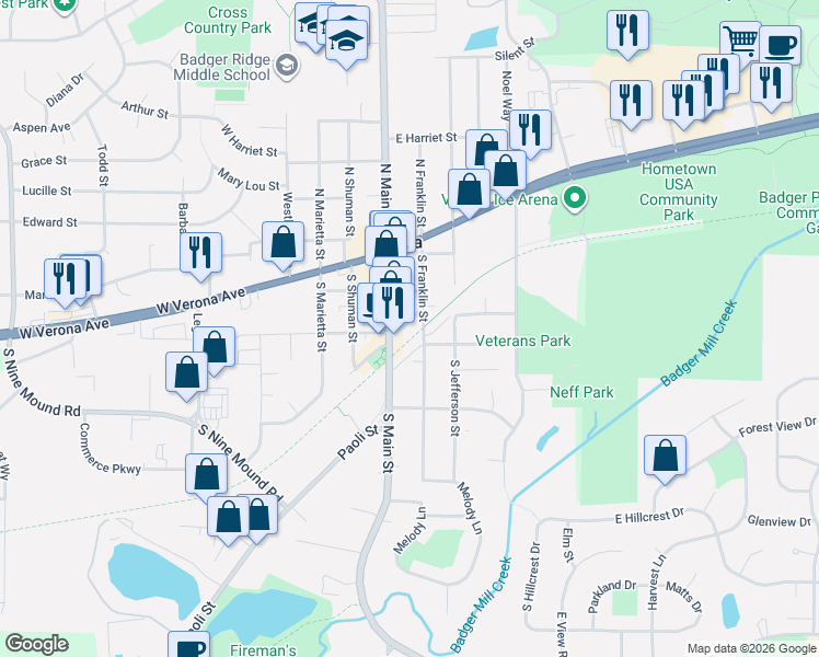 map of restaurants, bars, coffee shops, grocery stores, and more near 101 Railroad Street in Verona