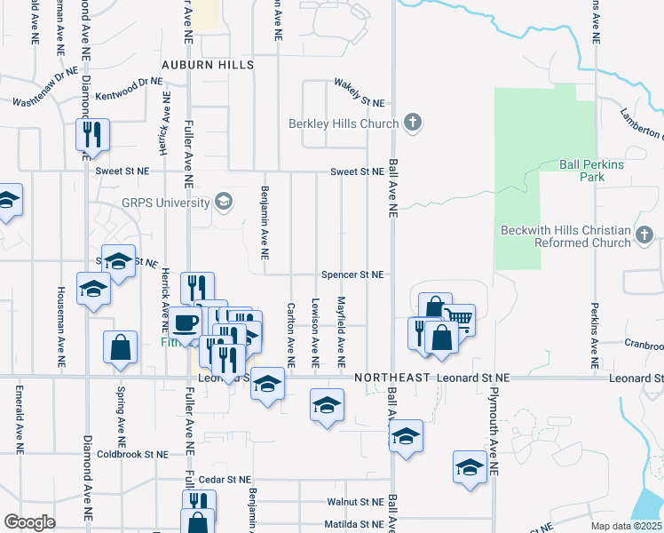 map of restaurants, bars, coffee shops, grocery stores, and more near 1426 Lewison Avenue Northeast in Grand Rapids