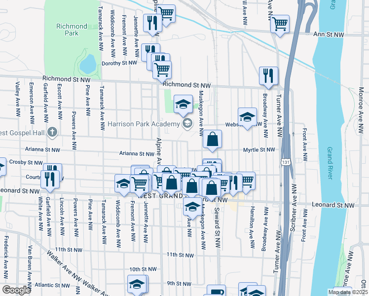 map of restaurants, bars, coffee shops, grocery stores, and more near 1347 Davis Avenue Northwest in Grand Rapids