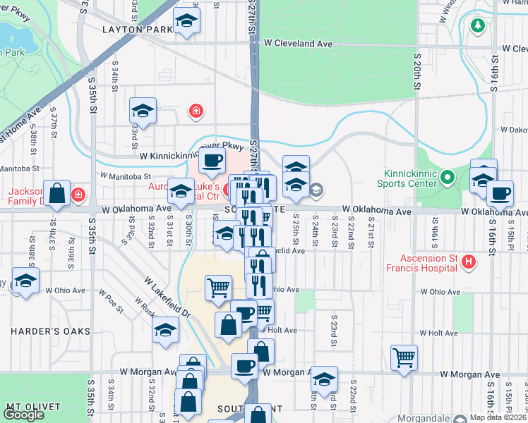 map of restaurants, bars, coffee shops, grocery stores, and more near 3104 South 27th Street in Milwaukee