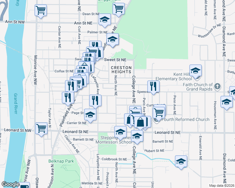 map of restaurants, bars, coffee shops, grocery stores, and more near 416 Spencer Street Northeast in Grand Rapids
