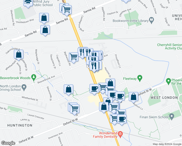 map of restaurants, bars, coffee shops, grocery stores, and more near 740 Wonderland Road in London